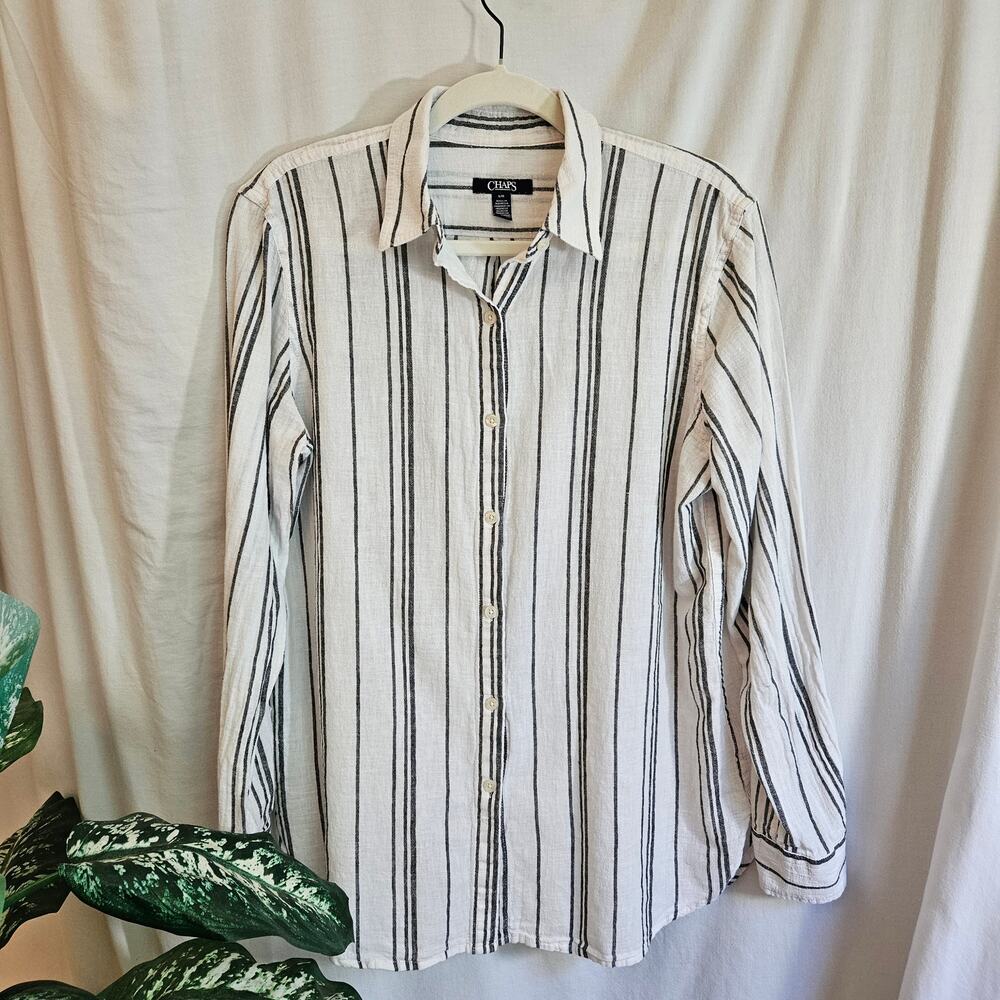 Chaps Ralph Lauren Linen Shirt Womens L Blue White Striped Gauze LS
